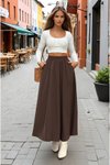 Long High-Waist A-Line Elastic-Waist Skirt - Brown