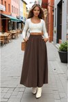 Kahverengi Uzun Yüksek Bel A Kesim Beli Lastikli Etek