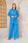 Mavi Gofre Balon Kol Büzgülü İkili Tunik Pantolon Takım