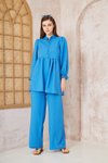 Mavi Gofre Balon Kol Büzgülü İkili Tunik Pantolon Takım