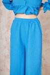 Mavi Gofre Balon Kol Büzgülü İkili Tunik Pantolon Takım