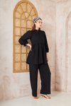 Siyah Gofre İkili Balon Kol Büzgülü Tesettür Takım