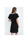 Siyah Keten Mini Beli Büzgülü Düğmeli Elbise