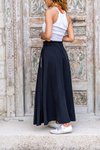 Siyah Uzun Kloş Beli Lastikli Hasır Detaylı Etek