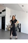 Siyah Uzun Rahat Kesim Keten Kemerli Kısa Kollu Elbise