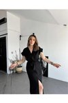 Siyah Uzun Rahat Kesim Keten Kemerli Kısa Kollu Elbise