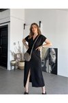Siyah Uzun Rahat Kesim Keten Kemerli Kısa Kollu Elbise