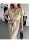 Taş Bej Uzun Keten Kemerli Kısa Kollu Elbise
