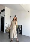 Taş Bej Uzun Keten Kemerli Kısa Kollu Elbise