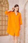 Turuncu Salaş Midi Keten Yarım Katlanır Kollu Elbise