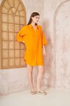 Turuncu Salaş Midi Keten Yarım Katlanır Kollu Elbise