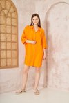 Turuncu Salaş Midi Keten Yarım Katlanır Kollu Elbise