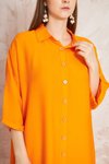 Turuncu Salaş Midi Keten Yarım Katlanır Kollu Elbise