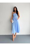 Açık Mavi Uzun Straplez Pileli Elbise