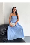 Açık Mavi Uzun Straplez Pileli Elbise