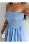 Açık Mavi Uzun Straplez Pileli Elbise