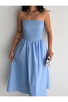 Açık Mavi Uzun Straplez Pileli Elbise