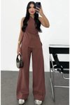 Bordo Keten Asimetrik Tek Omuzlu Bluz Pantolon Takım