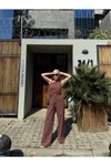 Bordo Keten Asimetrik Tek Omuzlu Bluz Pantolon Takım
