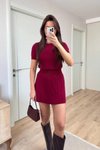 Bordo Kısa Kollu Bluz Mini Etekli Triko Takım