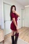 Bordo Kısa Kollu Bluz Mini Etekli Triko Takım