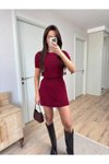Bordo Kısa Kollu Bluz Mini Etekli Triko Takım