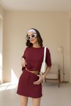 Bordo Modal Bisiklet Yaka T-shirt Mini Şortlu Etek İkili Takım