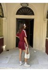 Bordo Modal Bisiklet Yaka T-shirt Mini Şortlu Etek İkili Takım