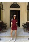 Bordo Modal Bisiklet Yaka T-shirt Mini Şortlu Etek İkili Takım