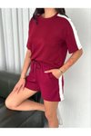 Bordo Yumuşak Dokulu Parçalı Bisiklet Yaka T-shirt Şort İkili Takım