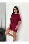Bordo Yumuşak Dokulu Parçalı Bisiklet Yaka T-shirt Şort İkili Takım