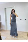 Füme Bürümcük Askılı Büzgülü Uzun Elbise