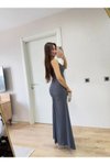 Füme Bürümcük Askılı Büzgülü Uzun Elbise
