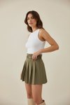 Haki Pileli Kısa Kemerli Astarlı Etek