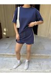 Lacivert Mini Şortlu Etek Bisiklet Yaka T-shirt İkili Takım