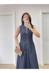 Mavi Uzun Kot Önü Tam Fermuarlı Elbise
