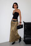 Haki Gold Flok Baskılı Uzun Saten Etek