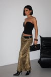 Haki Gold Flok Baskılı Uzun Saten Etek