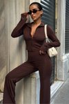 Kahverengi Wide Leg Likralı Agraflı İkili Takım
