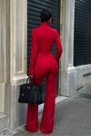 Kırmızı Wide Leg Likralı Agraflı İkili Takım
