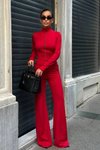 Kırmızı Wide Leg Likralı Agraflı İkili Takım