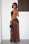 Koyu Kahverengi Flok Baskılı Uzun Saten Etek