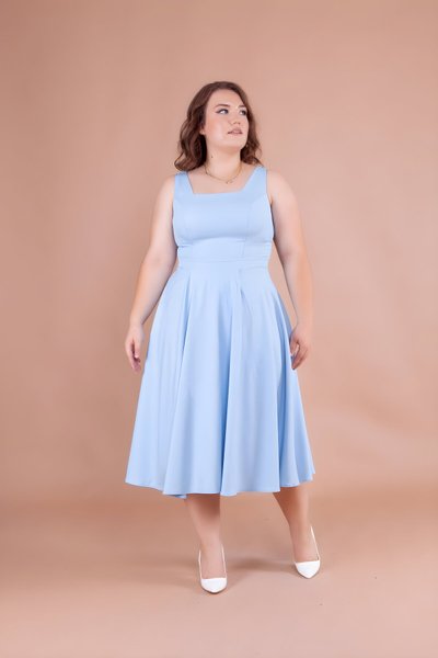 Bebe Mavi Büyük Beden Midi Kare Yaka Elbise