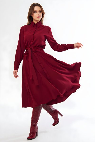 فستان قميص ميدي عنابي بأكمام طويلة وحزام