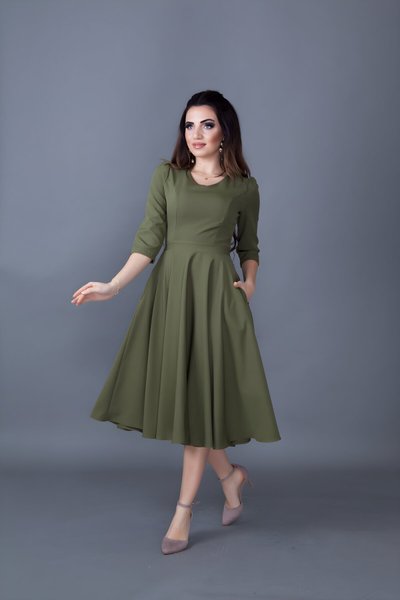 Haki Midi Kloş V Yaka Cep Detaylı Elbise