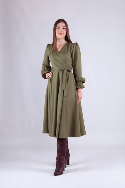 فستان ميدي بأكمام طويلة وياقة لف لون كاكي