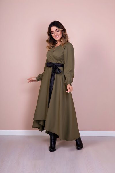 Haki Siyah Asimetrik Kesim Deri Kemerli Tesettür Elbise