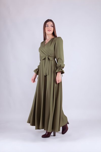 Long Sleeve Wrap Neck Modest Dress - Khaki