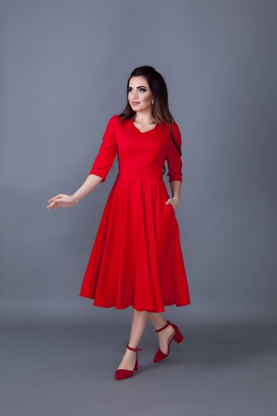 Kırmızı Midi Kloş V Yaka Cep Detaylı Elbise