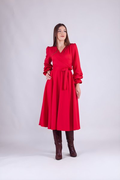 Midi Long Sleeve Wrap Collar Dress - Red